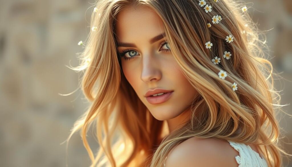 A beautiful, effortlessly boho-chic woman, her hair cascading in soft, natural waves. Sunlight gently illuminates her features, casting a warm, golden glow. Her tresses are adorned with delicate, scattered flowers - a sprinkling of blooms that evoke a carefree, romantic spirit. The image exudes a sense of serene, feminine charm, perfectly capturing the essence of the "boho" aesthetic. The focus is on the model's hair, showcasing its textured, slightly disheveled yet alluring style. The background is softly blurred, allowing the hairstyle to take center stage and become the visual centerpiece. A beautiful, effortlessly boho-chic woman, her hair cascading in soft, natural waves. Sunlight gently illuminates her features, casting a warm, golden glow. Her tresses are adorned with delicate, scattered flowers - a sprinkling of blooms that evoke a carefree, romantic spirit. The image exudes a sense of serene, feminine charm, perfectly capturing the essence of the "boho" aesthetic. The focus is on the model's hair, showcasing its textured, slightly disheveled yet alluring style. The background is softly blurred, allowing the hairstyle to take center stage and become the visual centerpiece.