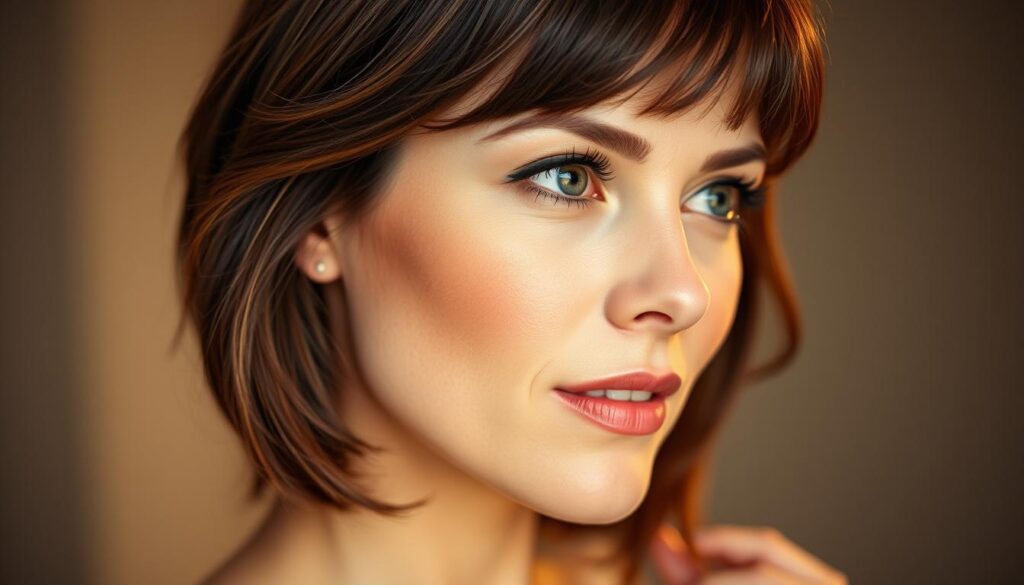 A beautifully lit close-up portrait of a woman with a thoughtful expression, showcasing different hairstyles that complement the shape of her face. The lighting is soft and flattering, creating a warm, intimate atmosphere. The camera angle emphasizes the contours of her features, highlighting how various haircuts and styles can enhance or balance her facial structure. The image focuses on the interplay between the hairstyles and the face shape, demonstrating how the right choice can elevate the overall look and create a harmonious, stylish appearance.
