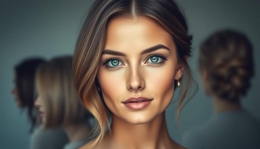 A beautifully lit close-up portrait of a woman with an oval-shaped face, featuring various hairstyles that flatter her features. The foreground showcases different hair textures, lengths, and styles - from a sleek, side-parted bob to soft, wavy layers and a classic, elegant updo. The mid-ground provides a blurred, neutral background, allowing the focus to remain on the subject's face and hair. Soft, directional lighting creates depth and dimension, accentuating the model's facial structure and the unique qualities of each hairstyle. The overall mood is one of sophisticated, timeless beauty, offering visual inspiration for finding the perfect haircut for an oval face shape. A beautifully lit close-up portrait of a woman with an oval-shaped face, featuring various hairstyles that flatter her features. The foreground showcases different hair textures, lengths, and styles - from a sleek, side-parted bob to soft, wavy layers and a classic, elegant updo. The mid-ground provides a blurred, neutral background, allowing the focus to remain on the subject's face and hair. Soft, directional lighting creates depth and dimension, accentuating the model's facial structure and the unique qualities of each hairstyle. The overall mood is one of sophisticated, timeless beauty, offering visual inspiration for finding the perfect haircut for an oval face shape.