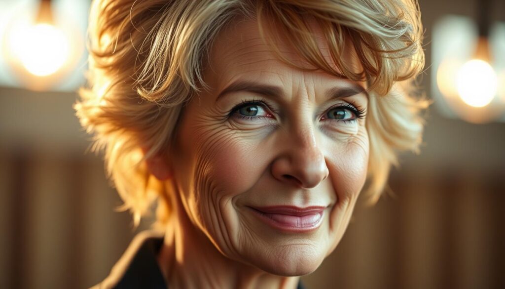 A beautifully lit, high-resolution close-up portrait of a mature woman with voluminous, textured hair in a modern, youthful hairstyle. The soft, warm lighting accentuates her features, creating a glowing, rejuvenated appearance. The hairstyle features wispy, face-framing layers and a slight, natural curl that flatters her face shape. The overall aesthetic is sophisticated, radiant, and effortlessly stylish, reflecting a confident, vibrant woman in her prime. A beautifully lit, high-resolution close-up portrait of a mature woman with voluminous, textured hair in a modern, youthful hairstyle. The soft, warm lighting accentuates her features, creating a glowing, rejuvenated appearance. The hairstyle features wispy, face-framing layers and a slight, natural curl that flatters her face shape. The overall aesthetic is sophisticated, radiant, and effortlessly stylish, reflecting a confident, vibrant woman in her prime.