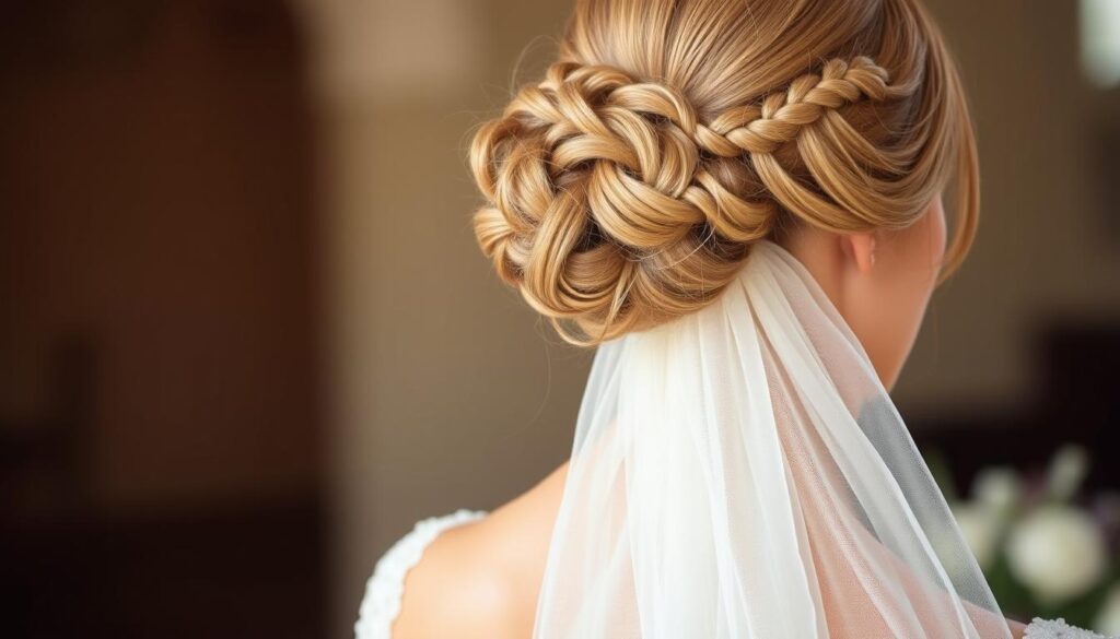 A beautifully styled bridal hairstyle for a wedding. In the foreground, a woman's head is captured in a close-up, showcasing an elegant, intricate updo featuring delicate twists, braids, and gently pinned curls. The lighting is soft and flattering, creating a warm, romantic atmosphere. In the middle ground, the model's shoulders are visible, adorned with a lace-trimmed veil that cascades down her back. The background is blurred, keeping the focus on the exquisite hairstyle. The overall composition and styling convey a sense of timeless sophistication and the excitement of a special occasion. A beautifully styled bridal hairstyle for a wedding. In the foreground, a woman's head is captured in a close-up, showcasing an elegant, intricate updo featuring delicate twists, braids, and gently pinned curls. The lighting is soft and flattering, creating a warm, romantic atmosphere. In the middle ground, the model's shoulders are visible, adorned with a lace-trimmed veil that cascades down her back. The background is blurred, keeping the focus on the exquisite hairstyle. The overall composition and styling convey a sense of timeless sophistication and the excitement of a special occasion.