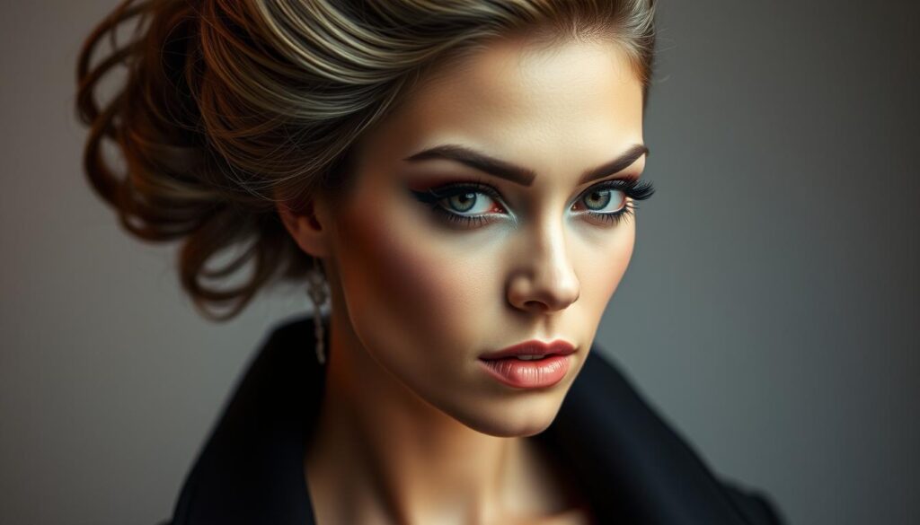 A captivating avant-garde portrait depicting the age-old dilemma of "Makeup or Hairstyle: Which Comes First?". Set against a backdrop of soft, diffused lighting, the focal point is a striking female model with a pensive expression. Her face is finely detailed, highlighting a meticulously applied makeup look, while her hair is a stylish, impeccably coiffed masterpiece. The composition is balanced, with the model occupying the center stage, surrounded by an aura of contemplation. Angles and perspectives are carefully considered, creating an air of sophistication and artistic flair. The overall mood is one of contemplation, inviting the viewer to ponder the essential question at the heart of this timeless beauty dilemma. A captivating avant-garde portrait depicting the age-old dilemma of "Makeup or Hairstyle: Which Comes First?". Set against a backdrop of soft, diffused lighting, the focal point is a striking female model with a pensive expression. Her face is finely detailed, highlighting a meticulously applied makeup look, while her hair is a stylish, impeccably coiffed masterpiece. The composition is balanced, with the model occupying the center stage, surrounded by an aura of contemplation. Angles and perspectives are carefully considered, creating an air of sophistication and artistic flair. The overall mood is one of contemplation, inviting the viewer to ponder the essential question at the heart of this timeless beauty dilemma.