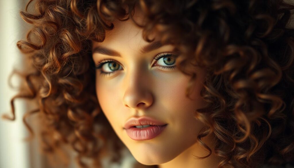 A captivating close-up shot of a woman with gorgeous curly hair, highlighting the natural volume and texture. The lighting is soft and diffused, creating a warm, flattering glow that enhances the features. The model's expression is serene, allowing the focus to remain on the hairstyle. The background is slightly blurred, drawing the viewer's attention to the intricate details of the curls. The image showcases a range of curl patterns, from tight spirals to loose waves, showcasing the versatility of this hair type. The overall mood is one of effortless elegance, reflecting the section title "Włosy kręcone jaka fryzura - dobór według długości". A captivating close-up shot of a woman with gorgeous curly hair, highlighting the natural volume and texture. The lighting is soft and diffused, creating a warm, flattering glow that enhances the features. The model's expression is serene, allowing the focus to remain on the hairstyle. The background is slightly blurred, drawing the viewer's attention to the intricate details of the curls. The image showcases a range of curl patterns, from tight spirals to loose waves, showcasing the versatility of this hair type. The overall mood is one of effortless elegance, reflecting the section title "Włosy kręcone jaka fryzura - dobór według długości".