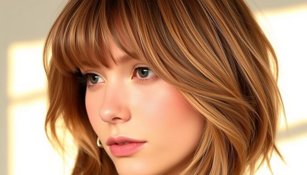 A chic, youthful hairstyle for a round-shaped face, featuring long, wispy bangs that softly frame the forehead, and voluminous layers that add width and texture to the crown. Warm, natural lighting from the side creates depth and dimension, while a slight tilt of the head accentuates the delicate jawline. The overall style conveys a modern, feminine aesthetic that is both stylish and flattering for a round facial structure.