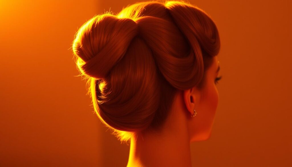 A classically styled bouffant hairdo, complete with voluminous, teased locks and a smooth, rounded silhouette. Illuminated by warm, golden lighting that casts gentle shadows, emphasizing the sculptural shape and intricate texture of the style. Shot from a slightly elevated angle to highlight the elegant, retro-inspired aesthetic. The overall mood is one of vintage glamour and timeless sophistication, befitting the classic updo featured in this section on 1960s hairstyles.