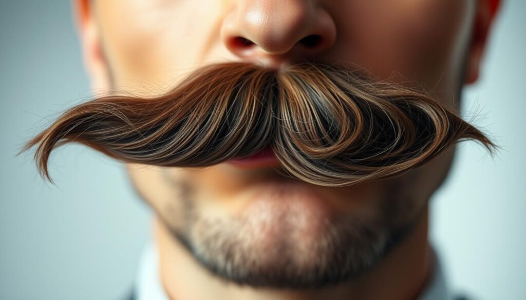 A close-up, high-resolution image of a man's well-groomed mustache in the foreground. The mustache is neatly trimmed, with carefully sculpted and styled ends that curve upwards. The lighting is soft and flattering, highlighting the intricate details of the hair texture and the subtle shades of brown. In the middle ground, the man's face is slightly blurred, but his eyes and the bridge of his nose are visible, conveying a sense of focus and attention to detail. The background is blurred and indistinct, keeping the viewer's attention on the carefully styled mustache, which is the central focus of the image. The overall mood is one of precision, sophistication, and masculine grooming. A close-up, high-resolution image of a man's well-groomed mustache in the foreground. The mustache is neatly trimmed, with carefully sculpted and styled ends that curve upwards. The lighting is soft and flattering, highlighting the intricate details of the hair texture and the subtle shades of brown. In the middle ground, the man's face is slightly blurred, but his eyes and the bridge of his nose are visible, conveying a sense of focus and attention to detail. The background is blurred and indistinct, keeping the viewer's attention on the carefully styled mustache, which is the central focus of the image. The overall mood is one of precision, sophistication, and masculine grooming.
