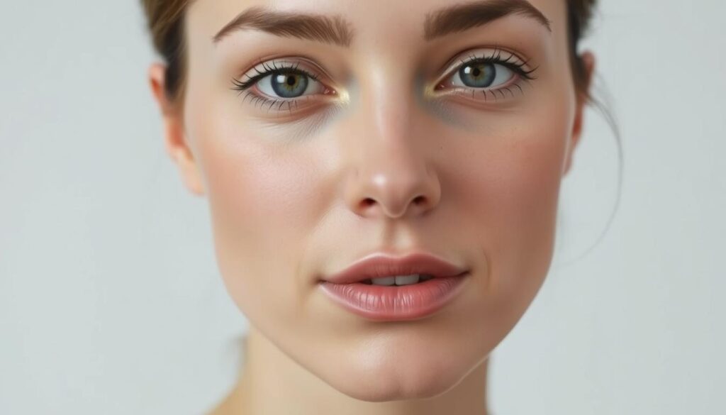 A close-up of a woman's face, showcasing the characteristics of a round facial structure. The face is illuminated with soft, even lighting, creating a flattering and natural look. The skin has a smooth, healthy complexion, and the features - including the prominent cheekbones, full cheeks, and a slightly wider jawline - are clearly visible. The expression is neutral, allowing the facial structure to be the focal point. The background is blurred, keeping the attention on the face and its distinctive roundness. The overall mood is one of calm introspection, inviting the viewer to examine the facial features in detail.