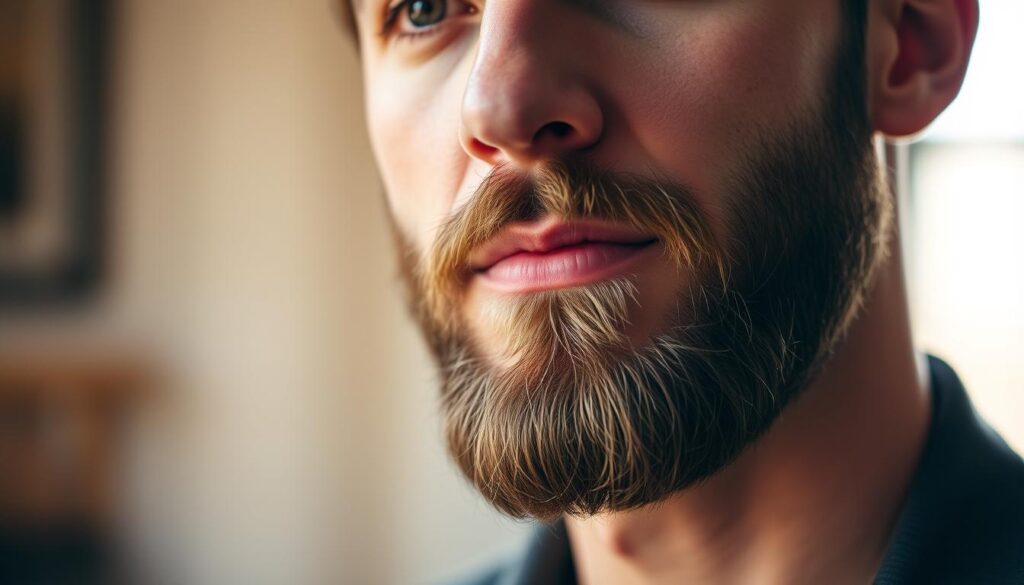 A close-up photograph of a well-groomed, neatly trimmed beard on a man's face. The beard is evenly shaped, with clean lines and a crisp, defined outline. The lighting is soft and diffused, creating a warm, natural glow that highlights the texture and color of the facial hair. The background is slightly blurred, placing the focus entirely on the intricate details of the beard. The expression on the man's face is calm and thoughtful, conveying a sense of confidence and sophistication. The image captures the essence of a carefully cultivated, stylish facial hair aesthetic.