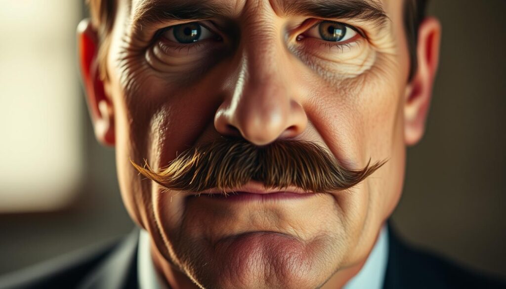 A close-up portrait of a distinguished gentleman, his face illuminated by soft, natural lighting. The camera focuses intently on his expertly groomed mustache, capturing the intricate details and texture of the meticulously styled facial hair. The man's expression is one of refined elegance, conveying a sense of confidence and sophistication. The background is subtly blurred, allowing the viewer to concentrate solely on the defining feature of the subject - the striking, precisely trimmed mustache that embodies the essence of classic masculine style. A close-up portrait of a distinguished gentleman, his face illuminated by soft, natural lighting. The camera focuses intently on his expertly groomed mustache, capturing the intricate details and texture of the meticulously styled facial hair. The man's expression is one of refined elegance, conveying a sense of confidence and sophistication. The background is subtly blurred, allowing the viewer to concentrate solely on the defining feature of the subject - the striking, precisely trimmed mustache that embodies the essence of classic masculine style.