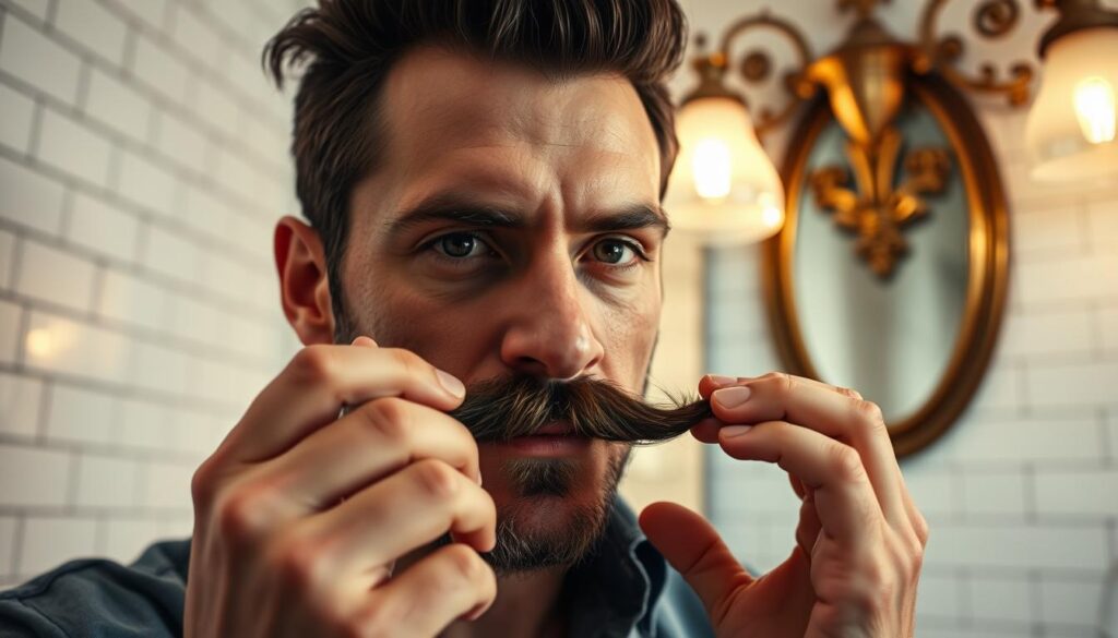 A close-up portrait of a man meticulously grooming his mustache in a well-lit, vintage-inspired bathroom setting. The man's face is centered, with his hands carefully trimming and shaping his thick, neatly styled mustache. The background features classic subway tiles, a ornate vanity mirror, and the warm glow of a brass light fixture, creating a timeless, masculine atmosphere. The image conveys a sense of focus, attention to detail, and the ritual of cultivating a distinguished facial hair style. A close-up portrait of a man meticulously grooming his mustache in a well-lit, vintage-inspired bathroom setting. The man's face is centered, with his hands carefully trimming and shaping his thick, neatly styled mustache. The background features classic subway tiles, a ornate vanity mirror, and the warm glow of a brass light fixture, creating a timeless, masculine atmosphere. The image conveys a sense of focus, attention to detail, and the ritual of cultivating a distinguished facial hair style.