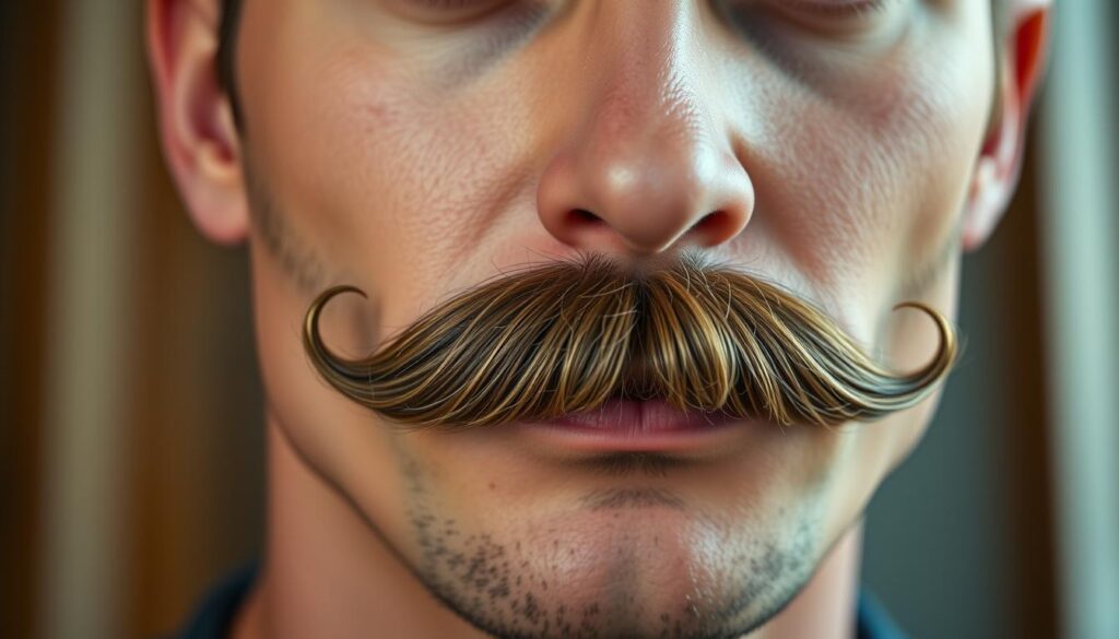 A close-up portrait of a man's face, focused on his well-groomed, curled mustache. The mustache is neatly trimmed, with a slight twist at the ends, gleaming in soft, diffused lighting. The man's skin is clear, with a slight stubble on his cheeks, conveying a sense of care and attention to his facial hair. The background is blurred, creating a sense of depth and focus on the mustache. The overall mood is one of sophistication and attention to detail, reflecting the care and maintenance required to achieve the perfect curled mustache look. A close-up portrait of a man's face, focused on his well-groomed, curled mustache. The mustache is neatly trimmed, with a slight twist at the ends, gleaming in soft, diffused lighting. The man's skin is clear, with a slight stubble on his cheeks, conveying a sense of care and attention to his facial hair. The background is blurred, creating a sense of depth and focus on the mustache. The overall mood is one of sophistication and attention to detail, reflecting the care and maintenance required to achieve the perfect curled mustache look.