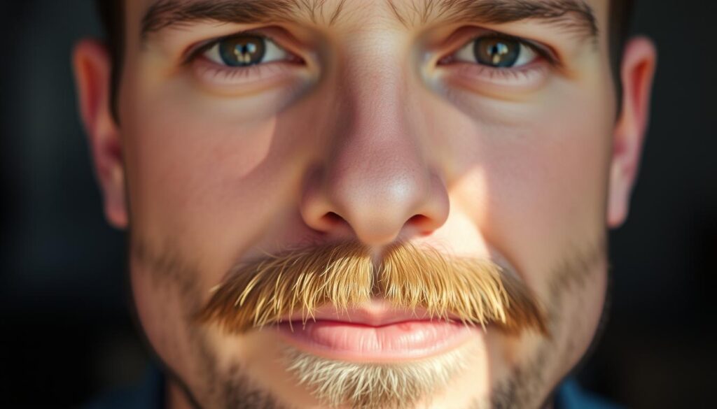 A close-up portrait of a man's face, his mustache the focal point. The facial hair is neatly groomed, each whisker precisely trimmed and styled. Soft, natural lighting illuminates the subject's features, casting subtle shadows that accentuate the textural detail of the mustache. The man's expression is neutral, his gaze directed towards the camera with a sense of confidence and careful attention to his grooming routine. The background is blurred, keeping the viewer's attention solely on the carefully maintained mustache, a symbol of pride and personal style. A close-up portrait of a man's face, his mustache the focal point. The facial hair is neatly groomed, each whisker precisely trimmed and styled. Soft, natural lighting illuminates the subject's features, casting subtle shadows that accentuate the textural detail of the mustache. The man's expression is neutral, his gaze directed towards the camera with a sense of confidence and careful attention to his grooming routine. The background is blurred, keeping the viewer's attention solely on the carefully maintained mustache, a symbol of pride and personal style.
