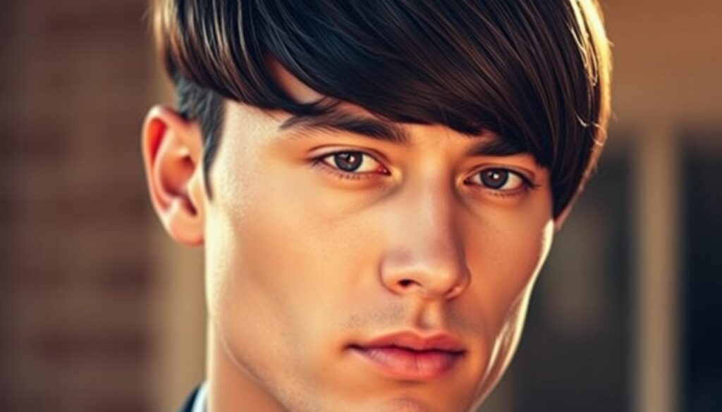 A close-up portrait of a man's face with a stylish "bob" haircut. The lighting is warm and natural, highlighting the sharp features and glossy texture of the hair. The subject's gaze is direct and confident, conveying an air of sophistication. The background is softly blurred, placing the focus entirely on the subject's face and hairstyle. The overall mood is one of elegance and refinement, showcasing the versatility and appeal of the classic "bob" haircut.