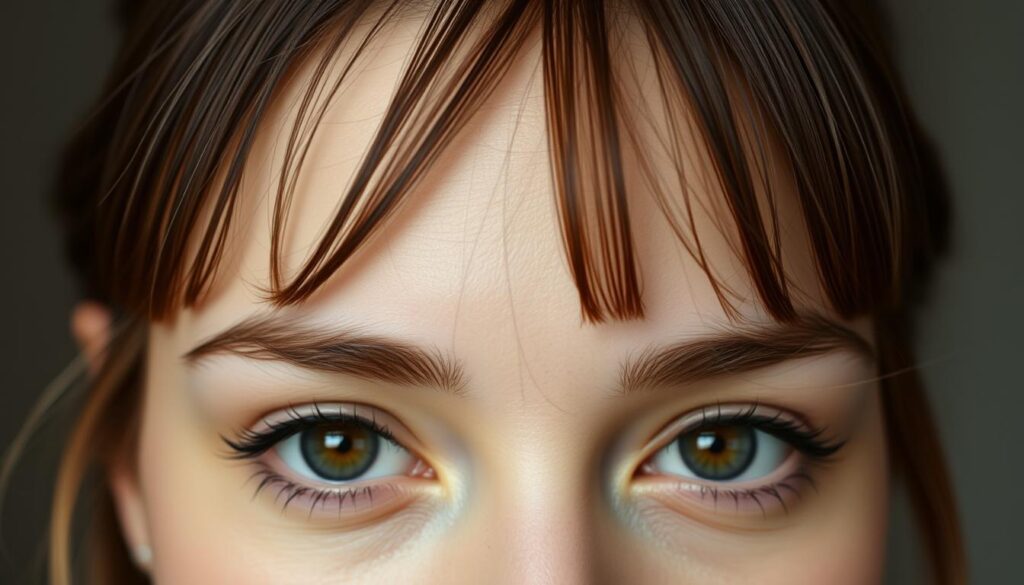 A close-up portrait of a person with a high forehead, featuring several delicate bangs or "grzywki" that gracefully frame the face. The lighting is soft and diffused, creating a warm, intimate atmosphere. The focus is on the eyes and the carefully styled fringe, which appears to be long enough to partially obscure the high hairline. The image has a natural, effortless feel, conveying a sense of the subject's confidence and sophistication in managing their distinctive facial features. A close-up portrait of a person with a high forehead, featuring several delicate bangs or "grzywki" that gracefully frame the face. The lighting is soft and diffused, creating a warm, intimate atmosphere. The focus is on the eyes and the carefully styled fringe, which appears to be long enough to partially obscure the high hairline. The image has a natural, effortless feel, conveying a sense of the subject's confidence and sophistication in managing their distinctive facial features.
