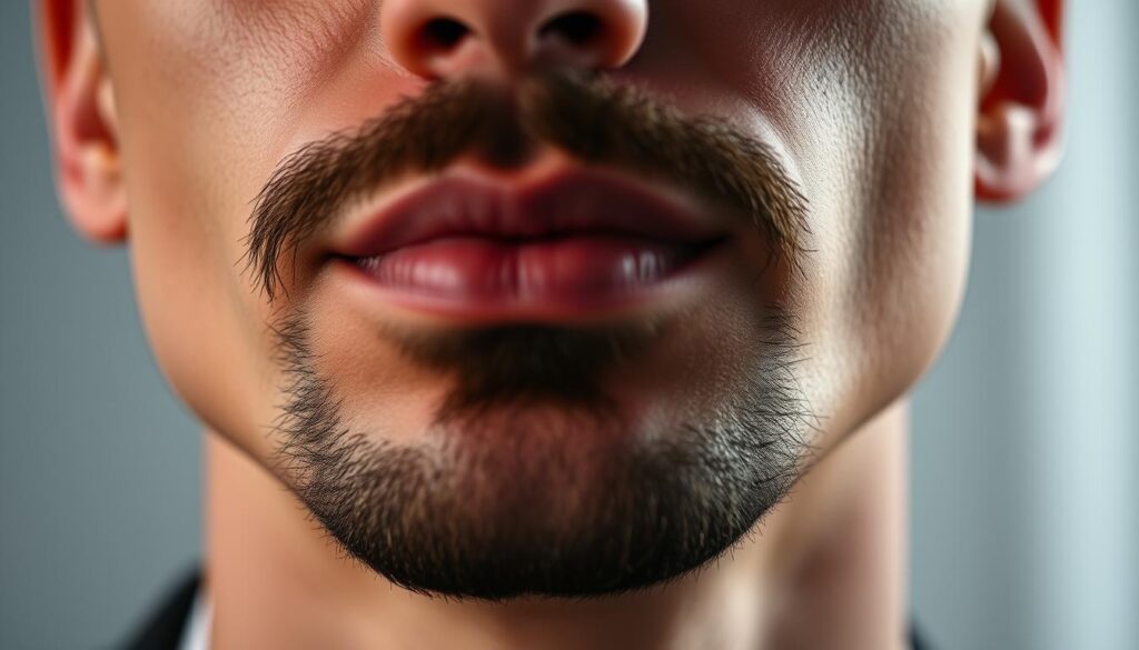 A close-up portrait of a well-groomed man's chin, featuring a neatly trimmed, subtly pointed goatee without any visible mustache. The facial hair is a deep, rich brown color, meticulously shaped to accentuate the natural contours of the jaw. The skin is smooth and flawless, with a healthy, vibrant glow. Soft, directional lighting casts gentle shadows, adding depth and dimension to the subject. The background is blurred, placing the focus entirely on the refined, fashionable facial hair. An air of sophistication and style emanates from the image, conveying the subject's confident, modern aesthetic. A close-up portrait of a well-groomed man's chin, featuring a neatly trimmed, subtly pointed goatee without any visible mustache. The facial hair is a deep, rich brown color, meticulously shaped to accentuate the natural contours of the jaw. The skin is smooth and flawless, with a healthy, vibrant glow. Soft, directional lighting casts gentle shadows, adding depth and dimension to the subject. The background is blurred, placing the focus entirely on the refined, fashionable facial hair. An air of sophistication and style emanates from the image, conveying the subject's confident, modern aesthetic.