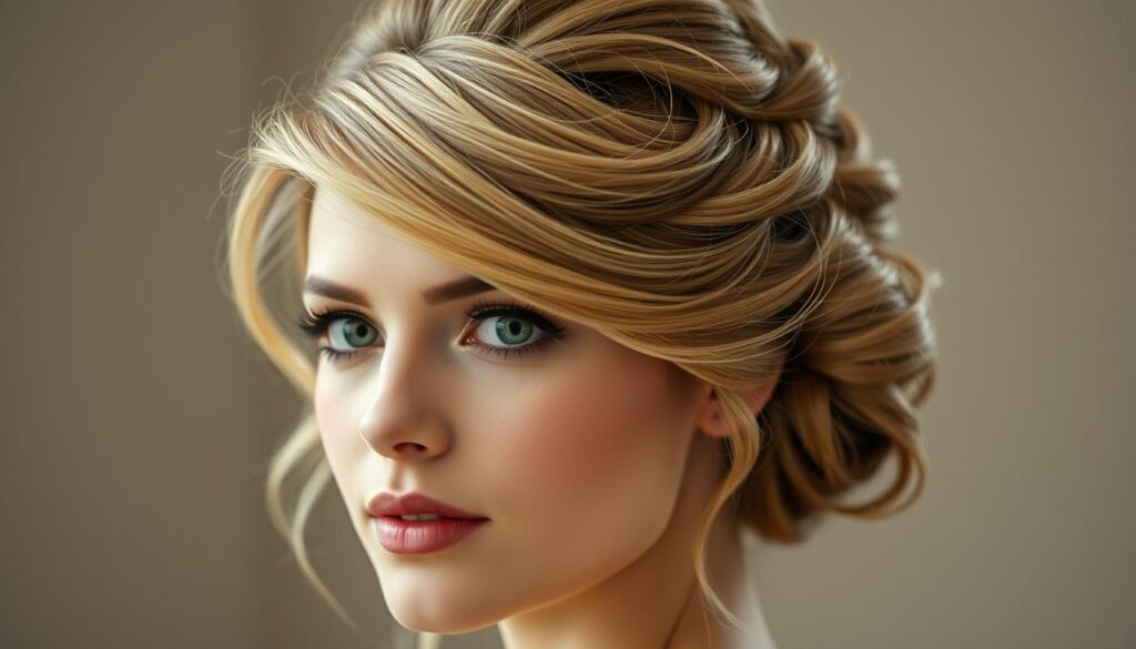 A close-up portrait of a woman with a small, delicate face, shot from a slightly elevated angle with soft, diffused lighting. Her hair is styled in a voluminous, textured updo with soft, wispy layers framing her face, adding balance and proportion. The focus is on the intricate hairstyle, with attention to detail in the styling and the natural-looking volume. The background is blurred, placing the emphasis on the woman's face and hairstyle. The overall mood is elegant, feminine, and subtly glamorous, capturing the essence of a hairstyle that complements a small, slender facial structure.