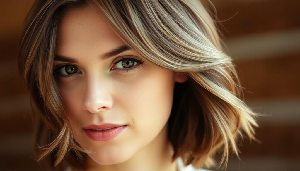 A close-up portrait of a woman with a triangular face shape, showcasing a stylish haircut that flatters her features. The lighting is soft and diffused, creating a warm, natural ambiance. Her hair is styled in a layered, shoulder-length cut with subtle waves and movement, framing her face in a way that balances the angular jawline. The focus is on the hairstyle, allowing the viewer to clearly see how it complements the triangular facial structure. The background is blurred, keeping the attention on the subject and the chosen hairstyle.