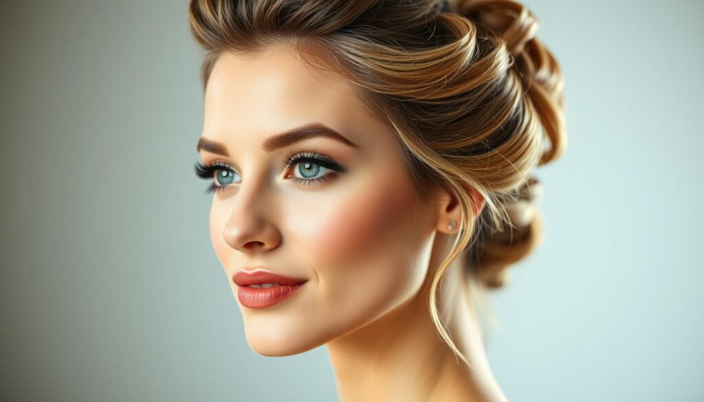 A close-up portrait of a woman with an elegant hairstyle that visually slims and contours her face. Soft, diffused lighting from the side creates depth and highlights the facial features. Her hair is styled in a sophisticated updo with cascading waves and volume at the crown, creating the illusion of a narrower jawline and more defined cheekbones. The background is blurred to keep the focus on the subject's face and hairstyle. The overall mood is serene and flattering, showcasing a stylish hairstyle that optically sculpts and refines the facial proportions.