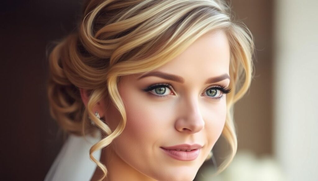 A close-up portrait of a woman with short, stylized hair in an elegant updo, framing her face in soft waves and curls. Gentle studio lighting accentuates her delicate features and the intricate texture of her hairstyle, giving it a polished, refined appearance befitting a wedding celebration. The woman's expression conveys a sense of poise and quiet confidence, her gaze directed slightly off-camera. The background is blurred, keeping the focus entirely on the carefully crafted hairstyle as the central subject.