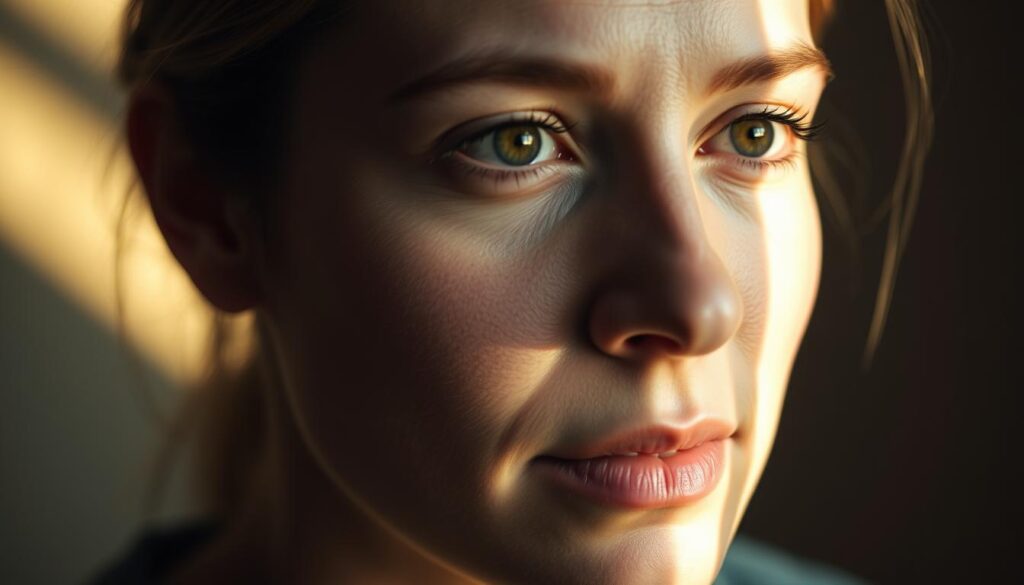 A close-up portrait of a woman's face, illuminated by soft, natural lighting from the side. The face is shown in three-quarter view, highlighting the distinct shape and angles of the subject's facial features. The lighting creates subtle shadows that accentuate the cheekbones, jawline, and brow, allowing the viewer to clearly discern the unique contours of the face. The background is blurred, placing the focus entirely on the face and its distinctive shape. The expression is calm and thoughtful, inviting the viewer to closely examine the facial structure.