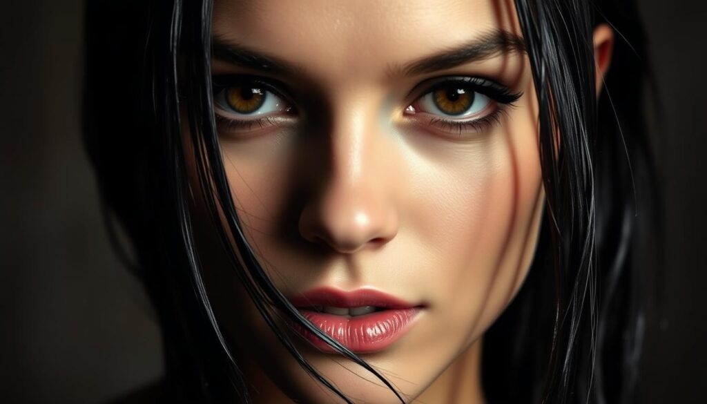 A close-up portrait of a woman's head, with wet, slicked-back hair styled in a sleek, wet-look hairstyle. The hair is glistening with water droplets, creating a glossy, high-shine effect. The woman's face is partially obscured, drawing the viewer's attention to the intricate details of the hair. The lighting is soft and diffused, creating a moody, intimate atmosphere. The background is blurred, keeping the focus on the subject's hair and creating a sense of depth. The overall mood is one of sophistication, elegance, and a hint of sensuality. A close-up portrait of a woman's head, with wet, slicked-back hair styled in a sleek, wet-look hairstyle. The hair is glistening with water droplets, creating a glossy, high-shine effect. The woman's face is partially obscured, drawing the viewer's attention to the intricate details of the hair. The lighting is soft and diffused, creating a moody, intimate atmosphere. The background is blurred, keeping the focus on the subject's hair and creating a sense of depth. The overall mood is one of sophistication, elegance, and a hint of sensuality.