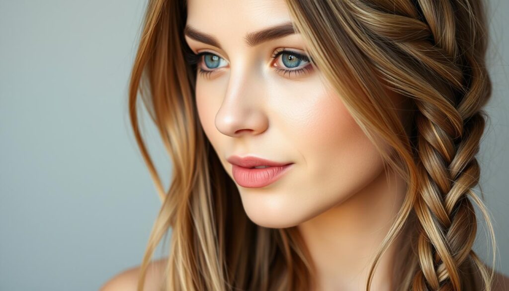A close-up portrait of a young woman with long, flowing hair styled into an effortless, yet chic hairstyle. The lighting is soft and diffused, highlighting the natural texture and shine of her hair. The focus is on the intricate braiding and styling, showcasing a simple yet elegant look that can be achieved in just a few minutes. The woman's expression is serene and confident, conveying the ease and versatility of the hairstyle. The background is a soft, blurred backdrop that complements the subject, allowing the hairstyle to be the central focus of the image.