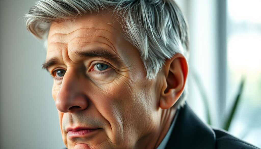 A close-up portrait of an elegantly coiffed older gentleman, his salt-and-pepper hair expertly trimmed and styled, highlighting the distinguished features of his mature face. Soft, flattering lighting from the left accentuates the contours of his jawline and brow, creating a sense of timeless sophistication. The man's expression is calm and serene, conveying an air of confidence and wisdom that comes with age. The background is gently blurred, keeping the focus squarely on the subject's distinguished hairstyle - a classic, versatile cut that complements his refined, distinguished appearance.