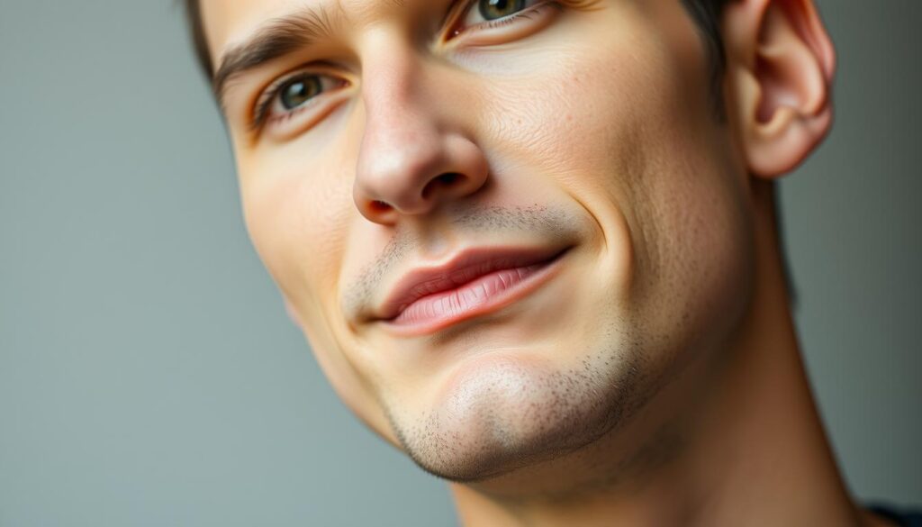 A close-up shot of a male face, showcasing the distinct facial contours and angles that define an oval shape. The lighting is soft and diffused, highlighting the gentle curves of the forehead, cheekbones, and chin. The skin appears smooth and healthy, with a subtle glow. The subject's expression is neutral, allowing the natural features to take center stage. The image is captured at a slight upward angle, emphasizing the balanced, harmonious proportions of the oval-shaped face. The background is blurred, keeping the focus solely on the face and its distinctive shape. A close-up shot of a male face, showcasing the distinct facial contours and angles that define an oval shape. The lighting is soft and diffused, highlighting the gentle curves of the forehead, cheekbones, and chin. The skin appears smooth and healthy, with a subtle glow. The subject's expression is neutral, allowing the natural features to take center stage. The image is captured at a slight upward angle, emphasizing the balanced, harmonious proportions of the oval-shaped face. The background is blurred, keeping the focus solely on the face and its distinctive shape.