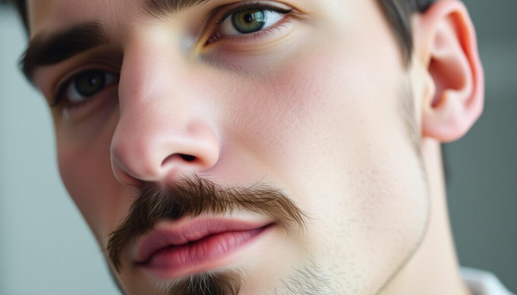 A close-up shot of a man's face, featuring neatly trimmed, stylish mustaches that complement the shape of his jawline. Soft, even lighting illuminates his features, casting subtle shadows that accentuate the contours of his face. The background is blurred, keeping the focus on the man's grooming routine. A sense of confidence and attention to detail permeates the scene, showcasing the optimal way to groom mustaches for different facial shapes.