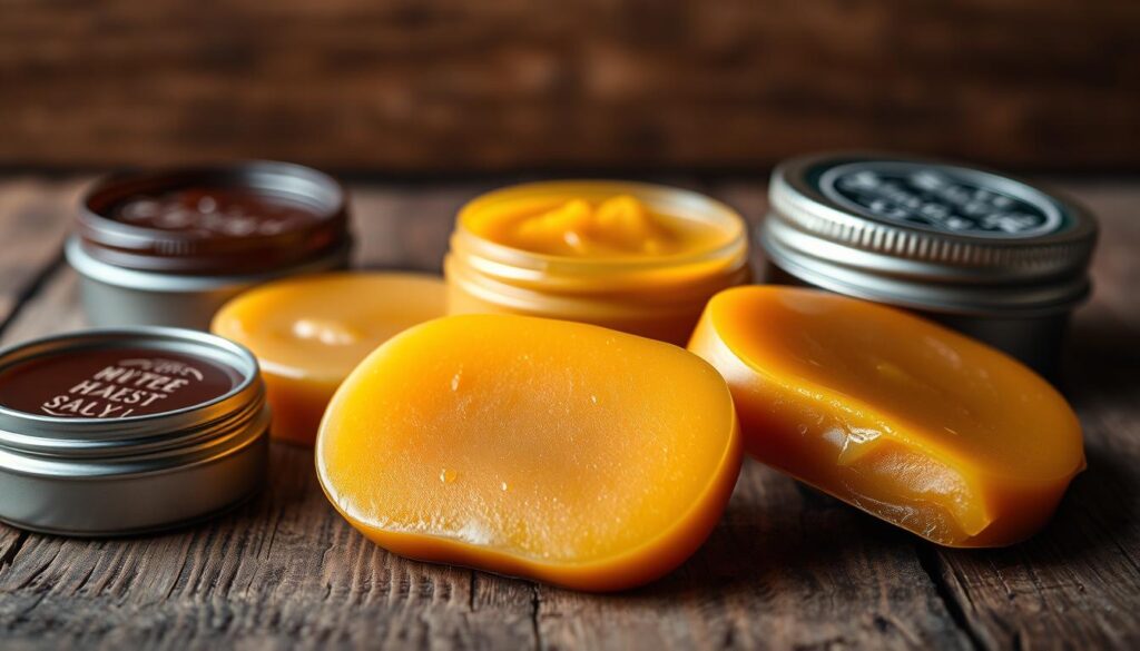 A close-up shot of several artisanal mustache waxes arranged on a rustic wooden surface. The waxes are displayed in a variety of earthy, natural hues, from deep amber to honey-colored. The texture of the waxes is evident, with a slight sheen and hint of translucency. The lighting is soft and diffused, creating a warm, inviting atmosphere. The image focuses on the details of the waxes, highlighting their quality and craftsmanship, with a sense of care and attention to detail. The overall composition emphasizes the importance of selecting the right mustache wax to achieve the desired styling and hold.