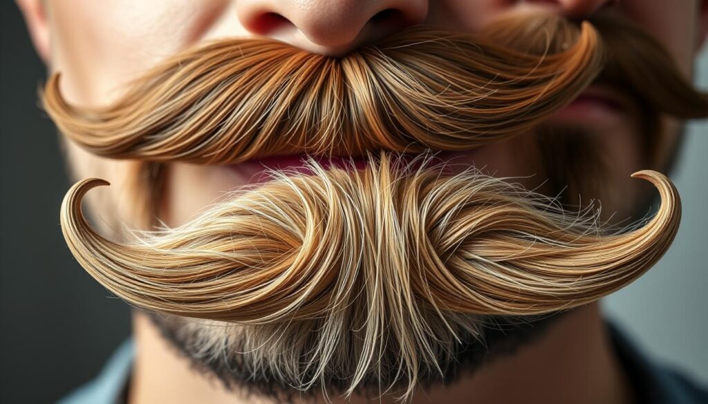 A close-up studio shot of various types of classic men's mustaches in natural lighting, captured with a high-resolution lens. In the foreground, a meticulously groomed handlebar mustache, its curled ends gleaming. In the middle ground, a full, bushy walrus mustache cascading over the lips. In the background, a trim, well-defined pencil mustache contrasting with a rugged, unruly chevron mustache. The overall scene conveys a sense of masculine grooming and attention to detail, showcasing the diversity and styles of men's facial hair. A close-up studio shot of various types of classic men's mustaches in natural lighting, captured with a high-resolution lens. In the foreground, a meticulously groomed handlebar mustache, its curled ends gleaming. In the middle ground, a full, bushy walrus mustache cascading over the lips. In the background, a trim, well-defined pencil mustache contrasting with a rugged, unruly chevron mustache. The overall scene conveys a sense of masculine grooming and attention to detail, showcasing the diversity and styles of men's facial hair.