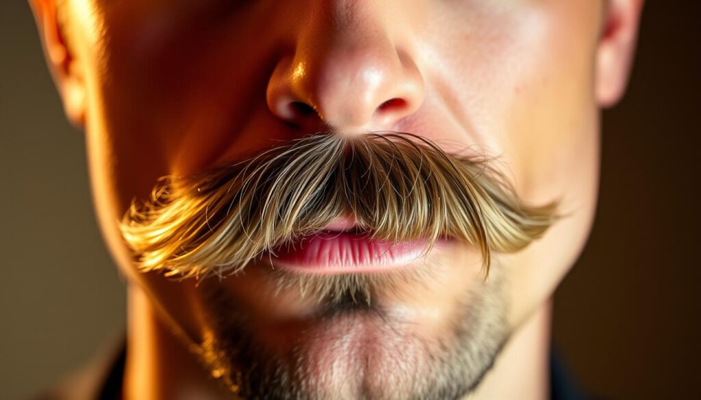 A close-up view of a man's face, showcasing his expertly styled mustache. The lighting is soft and warm, accentuating the texture and shape of the facial hair. The mustache is neatly trimmed, with the wax providing a sleek, polished finish, allowing the individual hairs to stand out in a stylized, sculptural manner. The subject's expression is one of subtle confidence, conveying the pride and attention to detail that goes into maintaining a well-groomed mustache. The background is out of focus, placing the focus entirely on the subject's distinctive facial feature and the artistry of its styling.