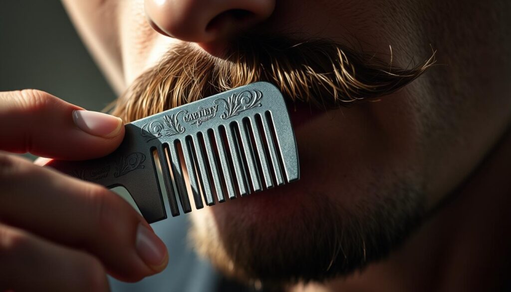 A close-up view of a man's hand meticulously grooming his mustache with a vintage-style metal comb. The comb has delicate, evenly spaced teeth that glide smoothly through the facial hair, shaping and sculpting it with precision. The lighting is soft and natural, casting gentle shadows that accentuate the intricate details of the comb and the man's facial features. The background is blurred, keeping the focus on the intimate, deliberate act of using the comb to maintain the perfect mustache style. The overall mood is one of grooming rituals, classic masculine elegance, and the artful care taken in personal grooming. A close-up view of a man's hand meticulously grooming his mustache with a vintage-style metal comb. The comb has delicate, evenly spaced teeth that glide smoothly through the facial hair, shaping and sculpting it with precision. The lighting is soft and natural, casting gentle shadows that accentuate the intricate details of the comb and the man's facial features. The background is blurred, keeping the focus on the intimate, deliberate act of using the comb to maintain the perfect mustache style. The overall mood is one of grooming rituals, classic masculine elegance, and the artful care taken in personal grooming.