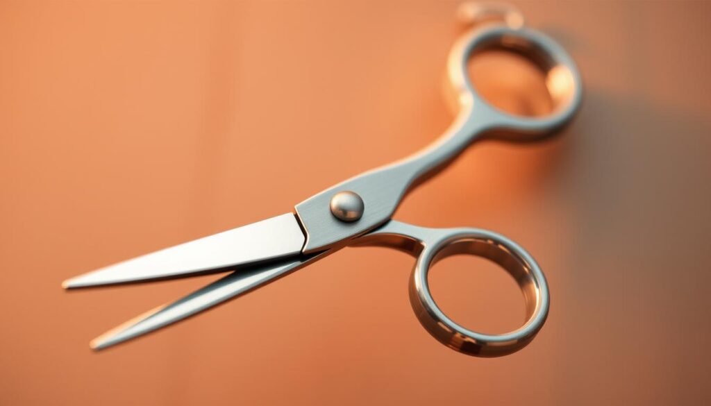 A close-up view of a pair of professional haircutting scissors designed specifically for trimming and shaping mustaches. The shiny, stainless steel blades gleam under warm, directional lighting, casting subtle shadows that accentuate their sharp, precision-ground edges. The handles are ergonomically designed with a comfortable grip, allowing for the delicate, controlled movements required when working with facial hair. The scissors are positioned prominently against a softly blurred, neutral background, drawing the viewer's focus to the intricate details and high-quality craftsmanship that make these specialized tools essential for achieving the perfect mustache style. A close-up view of a pair of professional haircutting scissors designed specifically for trimming and shaping mustaches. The shiny, stainless steel blades gleam under warm, directional lighting, casting subtle shadows that accentuate their sharp, precision-ground edges. The handles are ergonomically designed with a comfortable grip, allowing for the delicate, controlled movements required when working with facial hair. The scissors are positioned prominently against a softly blurred, neutral background, drawing the viewer's focus to the intricate details and high-quality craftsmanship that make these specialized tools essential for achieving the perfect mustache style.