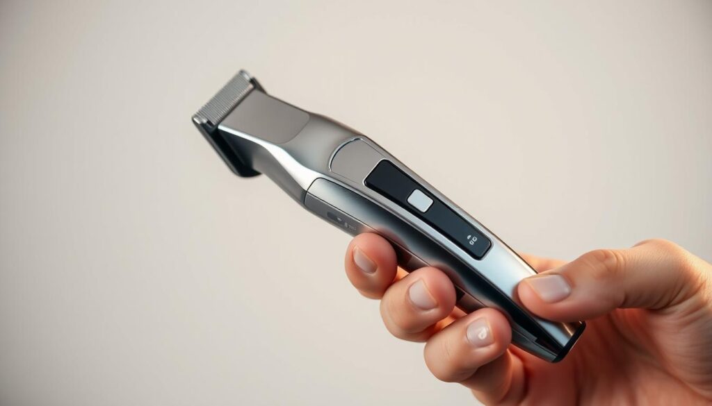 A close-up view of a stylish men's electric trimmer for grooming facial hair, specifically mustaches. The trimmer is held in a strong, masculine hand against a clean, neutral background. The device has a sleek, modern design with a chrome finish, a precision trimming head, and intuitive controls. Warm, directional lighting accentuates the product's form and highlights the fine details, conveying a sense of quality and craftsmanship. The overall mood is one of sophistication, confidence, and attention to personal grooming. A close-up view of a stylish men's electric trimmer for grooming facial hair, specifically mustaches. The trimmer is held in a strong, masculine hand against a clean, neutral background. The device has a sleek, modern design with a chrome finish, a precision trimming head, and intuitive controls. Warm, directional lighting accentuates the product's form and highlights the fine details, conveying a sense of quality and craftsmanship. The overall mood is one of sophistication, confidence, and attention to personal grooming.