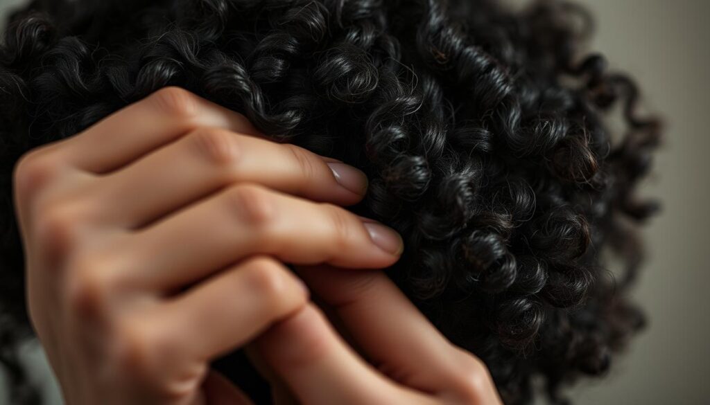 A detailed close-up image of a person's hand gently combing through their curly, dark hair, showcasing the delicate coils and waves. The lighting is soft and diffused, creating a serene, intimate atmosphere. The background is blurred, keeping the focus on the intricate hair texture. The image conveys a sense of care and attention to detail in the hair grooming process, reflecting the importance of proper hair care for curly hair types. A detailed close-up image of a person's hand gently combing through their curly, dark hair, showcasing the delicate coils and waves. The lighting is soft and diffused, creating a serene, intimate atmosphere. The background is blurred, keeping the focus on the intricate hair texture. The image conveys a sense of care and attention to detail in the hair grooming process, reflecting the importance of proper hair care for curly hair types.