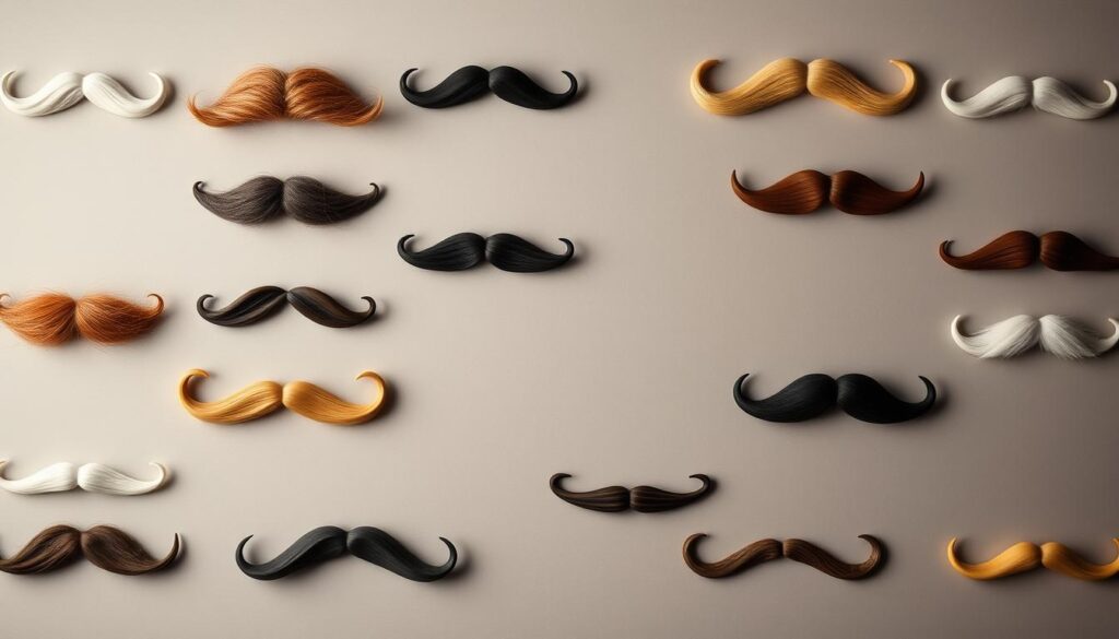 A detailed close-up of various classic mustache styles arranged in a grid, shot in a warm, well-lit studio setting with a neutral gray backdrop. The mustaches are depicted with precise, realistic detail, showcasing their distinct shapes, lengths, and textures - from the full, bushy walrus to the sleek, pencil-thin. The lighting and angle emphasize the dimensional grooming and styling of each mustache, inviting the viewer to closely examine their unique characteristics. An authoritative, informative mood pervades the image, providing a comprehensive visual reference for the different types of mustaches. A detailed close-up of various classic mustache styles arranged in a grid, shot in a warm, well-lit studio setting with a neutral gray backdrop. The mustaches are depicted with precise, realistic detail, showcasing their distinct shapes, lengths, and textures - from the full, bushy walrus to the sleek, pencil-thin. The lighting and angle emphasize the dimensional grooming and styling of each mustache, inviting the viewer to closely examine their unique characteristics. An authoritative, informative mood pervades the image, providing a comprehensive visual reference for the different types of mustaches.