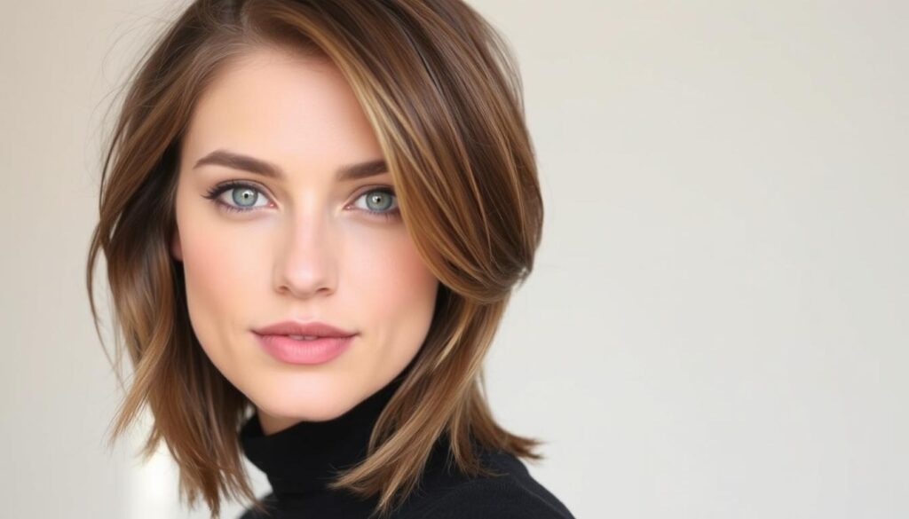 A flattering hairstyle for a square-shaped face, featuring soft layers framing the features and accentuating the cheekbones. The style has a modern, polished look with a subtle side-part and a slight wave or curl to add movement and dimension. Lighting is natural and diffused, creating a warm, inviting atmosphere. The focus is on showcasing the model's face and hairstyle, with a simple, uncluttered background that allows the subject to stand out.