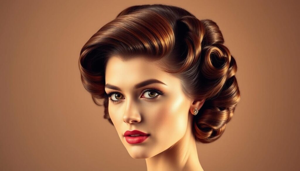 A glamorous 1950s-inspired hairstyle with perfect symmetry and voluminous curls framing the face. The model is positioned in a classic overhead three-quarter view, showcasing the intricate, layered structure of the coiffure. Warm, directional studio lighting accentuates the sheen and movement of the meticulously styled hair, creating a timeless, high-fashion aesthetic. The background is soft and muted, keeping the focus solely on the captivating hairstyle and model's elegant poise.