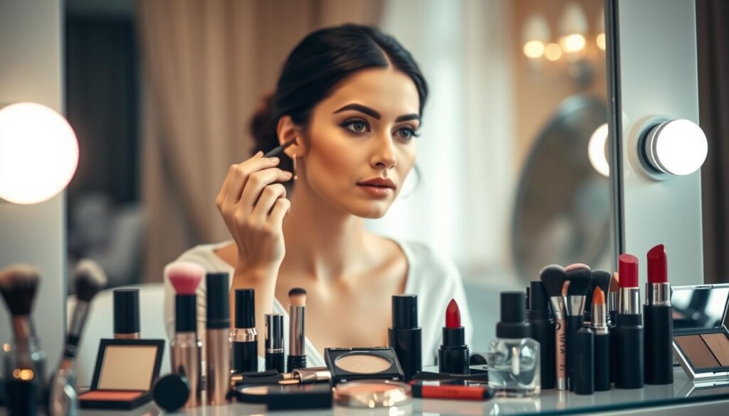 A glamorous woman applying makeup with professional cosmetics on a vanity table. The scene is softly lit from the sides, creating a warm, inviting atmosphere. The foreground features an assortment of makeup brushes, blush, lipstick, and other beauty accessories neatly arranged. In the middle ground, the woman's face is in focus, her expression serene as she gently applies eyeshadow. The background has a blurred, ethereal quality, suggesting an elegant, well-appointed dressing room. The overall mood is one of tranquility and confidence, capturing the essence of helpful makeup tips. A glamorous woman applying makeup with professional cosmetics on a vanity table. The scene is softly lit from the sides, creating a warm, inviting atmosphere. The foreground features an assortment of makeup brushes, blush, lipstick, and other beauty accessories neatly arranged. In the middle ground, the woman's face is in focus, her expression serene as she gently applies eyeshadow. The background has a blurred, ethereal quality, suggesting an elegant, well-appointed dressing room. The overall mood is one of tranquility and confidence, capturing the essence of helpful makeup tips.