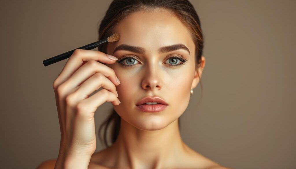 A glamorous woman with a high forehead applying makeup, creating a seamless, natural-looking hairline. Soft, diffused lighting from the sides highlights her features, casting gentle shadows to contour and define. The backdrop is a simple, neutral studio setting, allowing the focus to remain on her skilled makeup application. Warm, muted tones give a sophisticated, editorial feel. The entire scene conveys an effortless, polished aesthetic, showcasing techniques to visually lower and frame a high forehead. A glamorous woman with a high forehead applying makeup, creating a seamless, natural-looking hairline. Soft, diffused lighting from the sides highlights her features, casting gentle shadows to contour and define. The backdrop is a simple, neutral studio setting, allowing the focus to remain on her skilled makeup application. Warm, muted tones give a sophisticated, editorial feel. The entire scene conveys an effortless, polished aesthetic, showcasing techniques to visually lower and frame a high forehead.