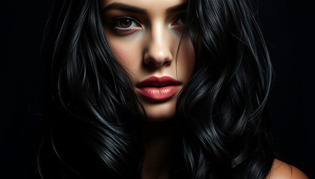 A glossy curtain of dark, voluminous hair cascades down the subject's shoulders, glistening with beads of moisture. The wet strands cling seductively to the contours of the face, accentuating the high cheekbones and sultry gaze. Dramatic lighting casts dramatic shadows, highlighting the lush, wavy texture and the sensual, tousled appearance. The overall impression is one of effortless glamour and irresistible allure, embodying the essence of the classic Italian wet-look hairstyle. A glossy curtain of dark, voluminous hair cascades down the subject's shoulders, glistening with beads of moisture. The wet strands cling seductively to the contours of the face, accentuating the high cheekbones and sultry gaze. Dramatic lighting casts dramatic shadows, highlighting the lush, wavy texture and the sensual, tousled appearance. The overall impression is one of effortless glamour and irresistible allure, embodying the essence of the classic Italian wet-look hairstyle.