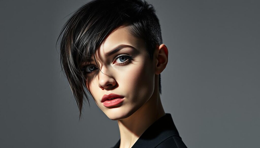 A high-fashion model with an asymmetric haircut, emphasizing the angular features of a square-shaped face. Dramatic lighting from the side, casting deep shadows and highlighting the sharp lines of the style. The cut features an uneven, textured look, with strands of hair cascading over one eye in an edgy, avant-garde manner. The model's gaze is intense and confident, conveying a sense of modern elegance and individuality. A sleek, minimalist background in monochromatic tones allows the focus to remain on the model's striking appearance.