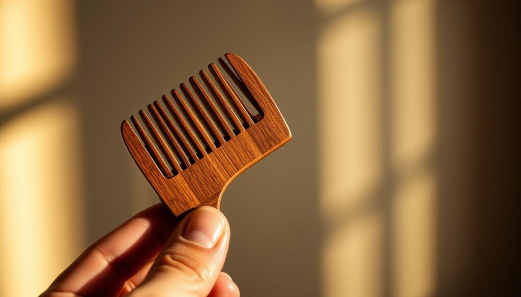 A high-quality, elegantly crafted moustache comb made of finely polished hardwood, with meticulously spaced, smooth-edged tines. The comb is held in a warm, well-lit setting, casting subtle shadows that accentuate its sleek, artisanal design. The composition emphasizes the comb's functionality and premium aesthetic, conveying a sense of refined masculinity and the importance of grooming one's facial hair with care and precision. The image exudes a timeless, sophisticated atmosphere, perfectly suited to illustrate the benefits of owning a dedicated moustache comb. A high-quality, elegantly crafted moustache comb made of finely polished hardwood, with meticulously spaced, smooth-edged tines. The comb is held in a warm, well-lit setting, casting subtle shadows that accentuate its sleek, artisanal design. The composition emphasizes the comb's functionality and premium aesthetic, conveying a sense of refined masculinity and the importance of grooming one's facial hair with care and precision. The image exudes a timeless, sophisticated atmosphere, perfectly suited to illustrate the benefits of owning a dedicated moustache comb.
