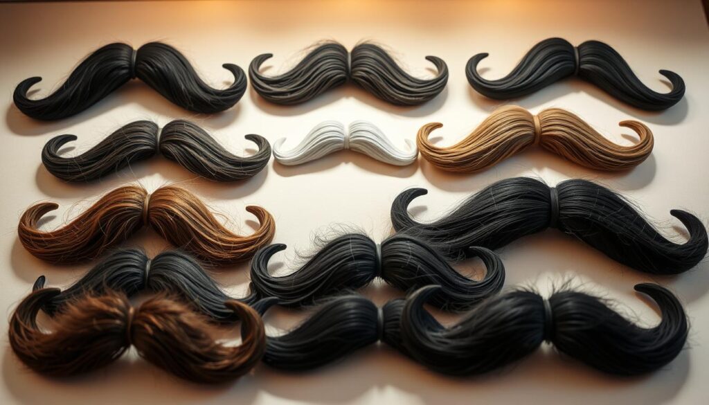 A high-quality set of artificial mustaches, elegantly styled and carefully crafted to look natural and sophisticated. The mustaches are arranged in a visually appealing display, showcasing their different shapes, textures, and colors. Soft lighting illuminates the mustaches, highlighting their intricate details and creating a warm, inviting atmosphere. The overall presentation conveys a sense of versatility, suggesting how these mustaches could complement a variety of fashionable outfits and occasions. The image is captured with a sharp focus, emphasizing the mustaches' lifelike appearance and attention to detail. A high-quality set of artificial mustaches, elegantly styled and carefully crafted to look natural and sophisticated. The mustaches are arranged in a visually appealing display, showcasing their different shapes, textures, and colors. Soft lighting illuminates the mustaches, highlighting their intricate details and creating a warm, inviting atmosphere. The overall presentation conveys a sense of versatility, suggesting how these mustaches could complement a variety of fashionable outfits and occasions. The image is captured with a sharp focus, emphasizing the mustaches' lifelike appearance and attention to detail.