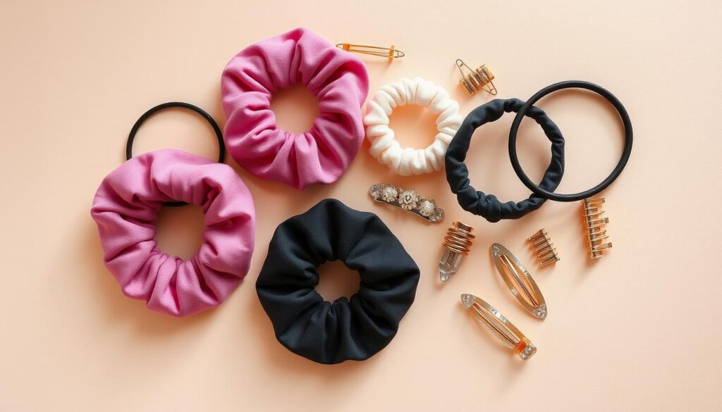 A high-resolution, detailed, and stylized photograph of various hair accessories, including hairbands, scrunchies, clips, and barrettes, neatly arranged on a soft, neutral-colored background. The accessories are presented in a visually appealing and organized manner, highlighting their diverse shapes, textures, and colors, showcasing their potential for everyday hairstyling. The lighting is natural and diffuse, creating a warm, inviting atmosphere that emphasizes the practical and fashionable nature of these hair accessories. A high-resolution, detailed, and stylized photograph of various hair accessories, including hairbands, scrunchies, clips, and barrettes, neatly arranged on a soft, neutral-colored background. The accessories are presented in a visually appealing and organized manner, highlighting their diverse shapes, textures, and colors, showcasing their potential for everyday hairstyling. The lighting is natural and diffuse, creating a warm, inviting atmosphere that emphasizes the practical and fashionable nature of these hair accessories.