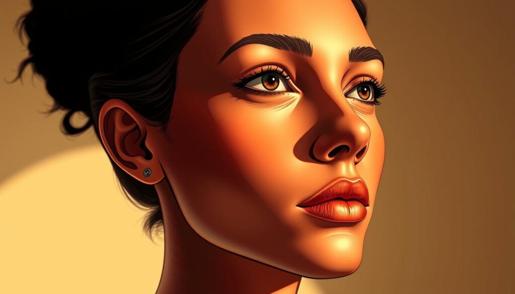 A highly detailed, realistic illustration of a person's face, showcasing the different shapes and contours that define the overall facial structure. The image should have a warm, natural lighting that accentuates the facial features, with a focus on the forehead, cheekbones, jawline, and chin. The perspective should be from a slight side angle, allowing for a clear view of the face's profile and the distinct shape elements. The background should be a simple, muted tone that does not distract from the primary subject. The overall mood should be one of informative clarity, guiding the viewer to understand the various facial shapes and how they can be identified. A highly detailed, realistic illustration of a person's face, showcasing the different shapes and contours that define the overall facial structure. The image should have a warm, natural lighting that accentuates the facial features, with a focus on the forehead, cheekbones, jawline, and chin. The perspective should be from a slight side angle, allowing for a clear view of the face's profile and the distinct shape elements. The background should be a simple, muted tone that does not distract from the primary subject. The overall mood should be one of informative clarity, guiding the viewer to understand the various facial shapes and how they can be identified.