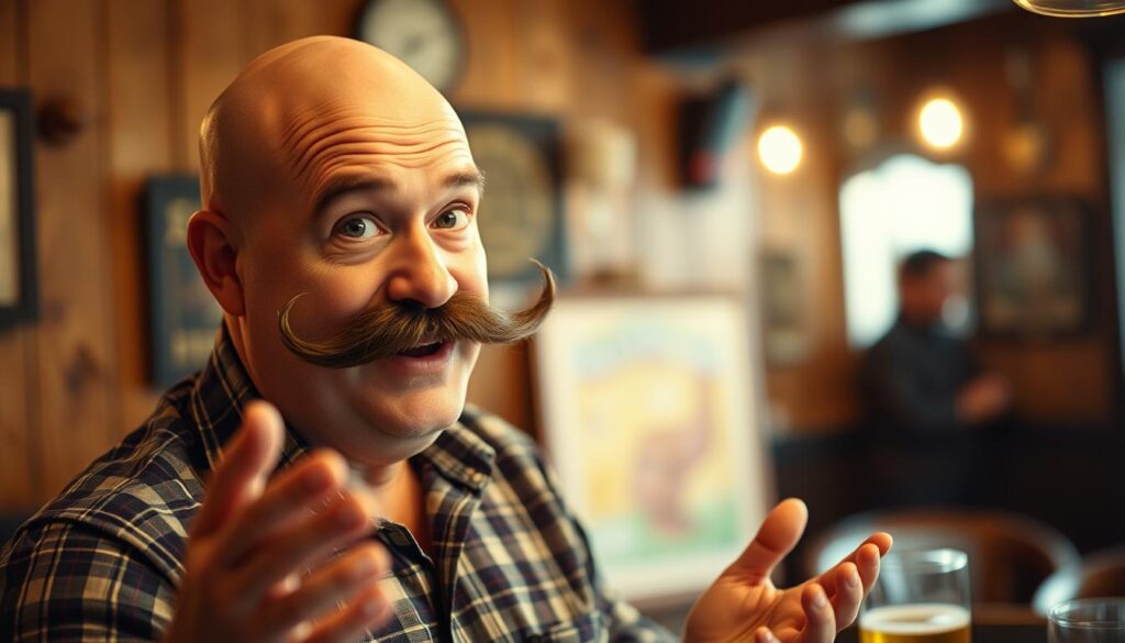 A humorous scene of a bald man with a thick handlebar mustache, captured in a warm and playful lighting. He is depicted in the foreground, gesturing animatedly while telling an amusing story, his expressive face and body language conveying the comedic nature of the moment. The middle ground features a cozy, wood-paneled interior, hinting at a casual, intimate setting, perhaps a pub or a friend's living room. The background blurs softly, allowing the viewer's focus to remain on the engaging central figure and his whimsical narrative.