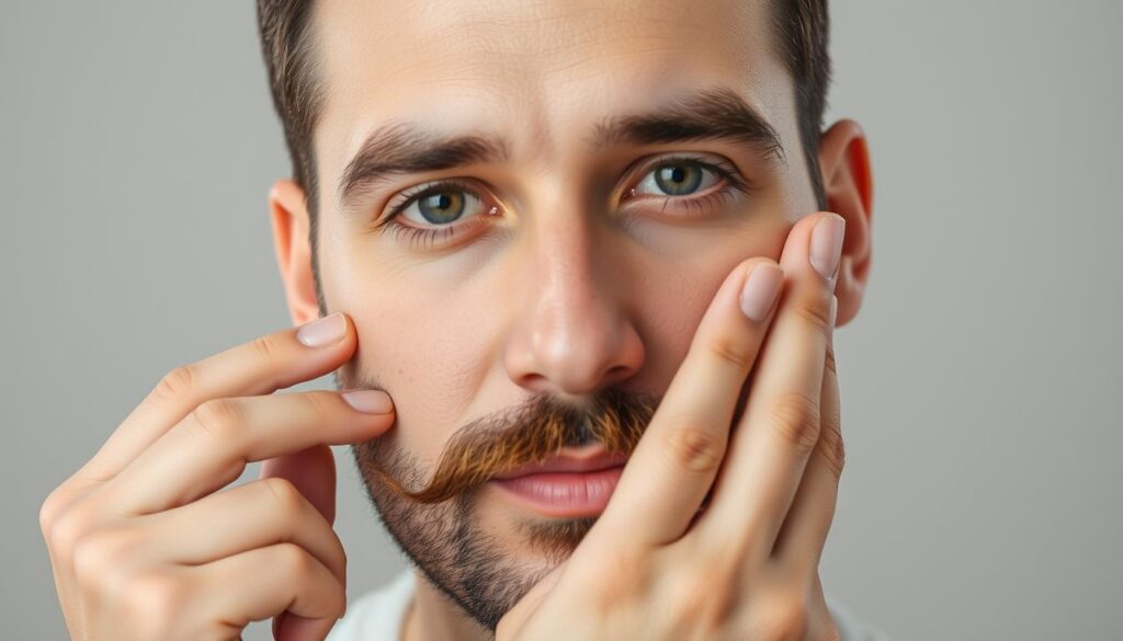 A man applying artificial mustaches and beards in a well-lit studio setting. The man's face is shown in a close-up, three-quarter view, with a calm, focused expression as he carefully positions the facial hair pieces. The lighting is soft and diffused, creating a pleasant, natural-looking glow on the skin. The background is a simple, neutral color that allows the subject to stand out. The overall mood is one of precise, careful attention to detail in the process of applying the artificial facial hair. A man applying artificial mustaches and beards in a well-lit studio setting. The man's face is shown in a close-up, three-quarter view, with a calm, focused expression as he carefully positions the facial hair pieces. The lighting is soft and diffused, creating a pleasant, natural-looking glow on the skin. The background is a simple, neutral color that allows the subject to stand out. The overall mood is one of precise, careful attention to detail in the process of applying the artificial facial hair.