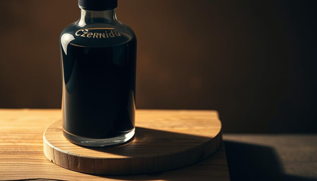 A meticulously crafted and visually striking image of "czernidło do wąsów", a traditional moustache dye product. The scene depicts a sleek, vintage-inspired glass bottle filled with a deep, inky black liquid, resting on a wooden surface. Soft, warm lighting casts gentle shadows, highlighting the bottle's elegant curves and the rich, glossy sheen of the contents. The background is a muted, earthy tone, creating a sense of timeless elegance and refinement. The overall composition draws the viewer's eye to the captivating centerpiece, inviting them to consider the allure and practical benefits of this classic grooming accessory. A meticulously crafted and visually striking image of "czernidło do wąsów", a traditional moustache dye product. The scene depicts a sleek, vintage-inspired glass bottle filled with a deep, inky black liquid, resting on a wooden surface. Soft, warm lighting casts gentle shadows, highlighting the bottle's elegant curves and the rich, glossy sheen of the contents. The background is a muted, earthy tone, creating a sense of timeless elegance and refinement. The overall composition draws the viewer's eye to the captivating centerpiece, inviting them to consider the allure and practical benefits of this classic grooming accessory.